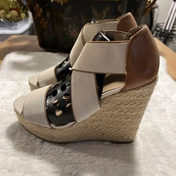 CANDIES Open Toe Beige Espadrille Wedge Platform Heels Elastic Straps Size 7.5M - Picture 5 of 12